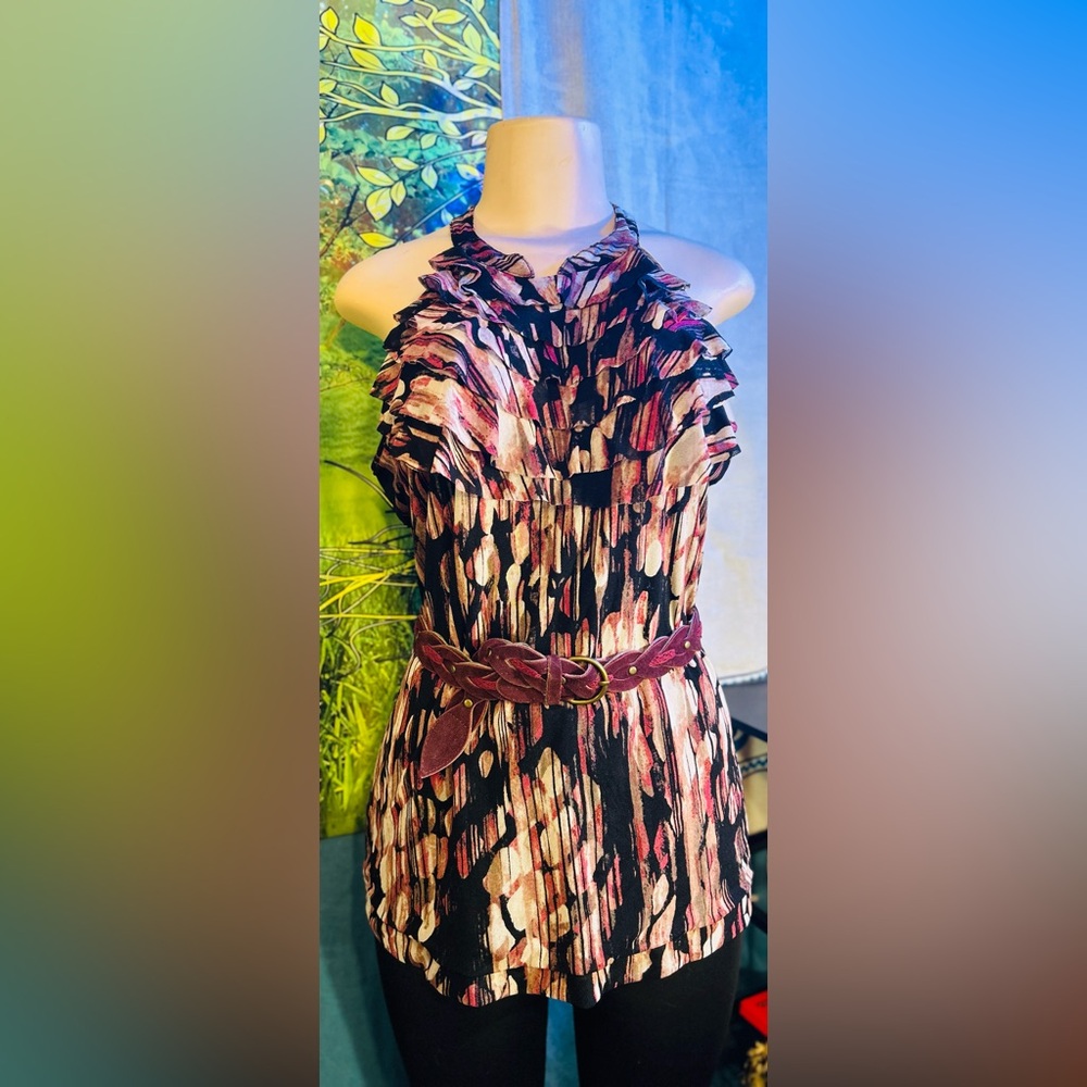 The Limited Ruffled Halter Top in Burgundy and Black Multi. EC
